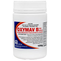 Tub of Mavlab Oxymav B soluble antibiotic powder for birds, 100g