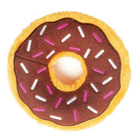 Zippy Paws Donutz Junior plush dog toy in chocolate icing with sprinkles, on a white background