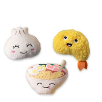 Fringe Studio Soy Into You plush dog toys: a steamed bun, a tempura prawn and a ramen bowl.