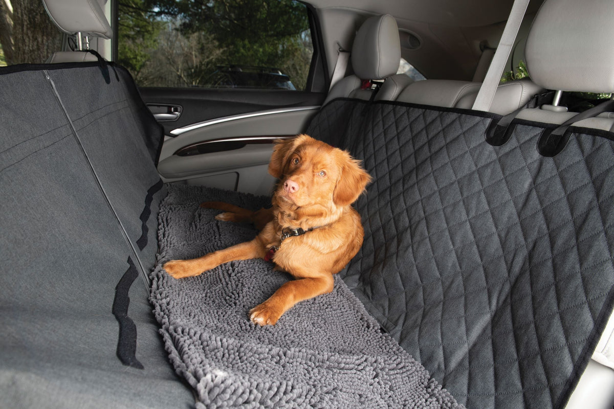 DGS Dirty Dog 3-in-1 car seat cover fitted as a hammock across the back seat
