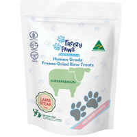 Freezy Paws Freeze Dried Raw Lamb Steak treats, front of the 70g pouch with a lamb steak roundel