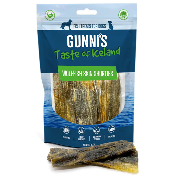 Gunni's Taste of Iceland Dog Treats Wolffish Skin Shorties - 71g | PeekAPaw Pet Supplies