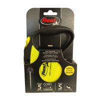 Packaging card front, black Flexi Neon retractable leash with yellow accent