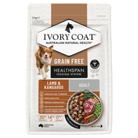 Ivory Coat Grain Free Lamb and Kangaroo Adult dry dog food, front of the bag