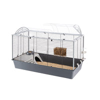 Ferplast Casita 120H rabbit and guinea pig cage, empty, white wire top with an arched roof on a dark base