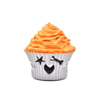 Petopia Ultra Tough Dog Toy Pup Cake, a cupcake shaped treat-dispensing chew toy in 100% natural rubber