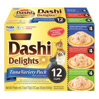 Inaba Dashi Delights Tuna Variety Pack cat treats, front of the 12-cup box