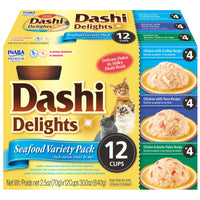 Inaba Dashi Delights Seafood Variety Pack cat treats, front of the 12-cup box