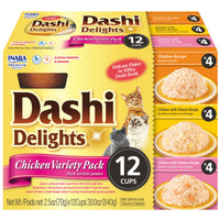 Inaba Dashi Delights Chicken Variety Pack cat treats, front of the 12-cup box
