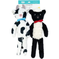 Zippy Paws Fluppy Peltz cow and sheep plush dog toys on their retail header card