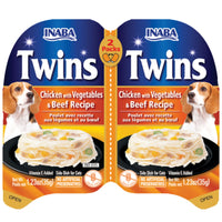 Inaba Twin Cups Chicken with Vegetables & Beef for dogs, the joined pair of cups seen from above