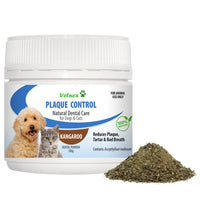 Vetnex Plaque Control dental powder in Kangaroo, white tub with a pile of the green powder beside it