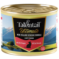 180g tin of Talentail Ultimate New Zealand Venison Formula cat food, front label