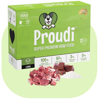Proudi Lamb Raw Patties for Dogs, 2.4kg box of frozen single-protein raw dog food