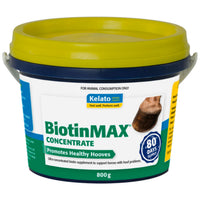 Kelato BiotinMAX Concentrate hoof supplement in an 800g tub with a yellow lid