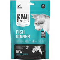 Kiwi Kitchens Fish Dinner raw freeze dried cat food, front of the 110 g pouch with a cat pictured.