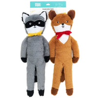 Zippy Paws Fluppy Peltz raccoon and squirrel plush dog toys on their retail header card