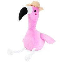 Zippy Paws Playful Pal plush dog toy: Freya the flamingo in a straw sun hat