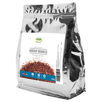 Crooked Lane Harvest Rosehip Granules 500g bag front, silver foil pouch with a blue label strip