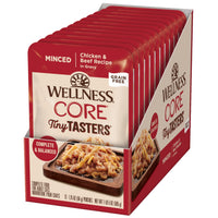 Row of twelve Wellness CORE Tiny Tasters Minced Chicken & Beef in Gravy cat food pouches