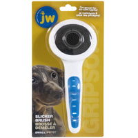JW GripSoft slicker brush on its retail card, labelled Slicker Brush Small, with a dog photo