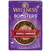Wellness Bowl Boosters Simply Shreds Shredded Boneless Chicken, Beef & Carrots dog topper pouch, front