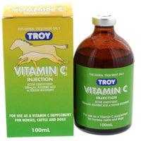TROY Vitamin C Injection: yellow and green carton with a horse graphic beside its amber 100 mL glass bottle.