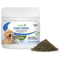 Vetnex Plaque Control dental powder Original, white tub with a pile of the green powder beside it