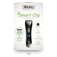 Wahl Smart Clip pet clipper retail box showing the black clipper and its adjustable blade set