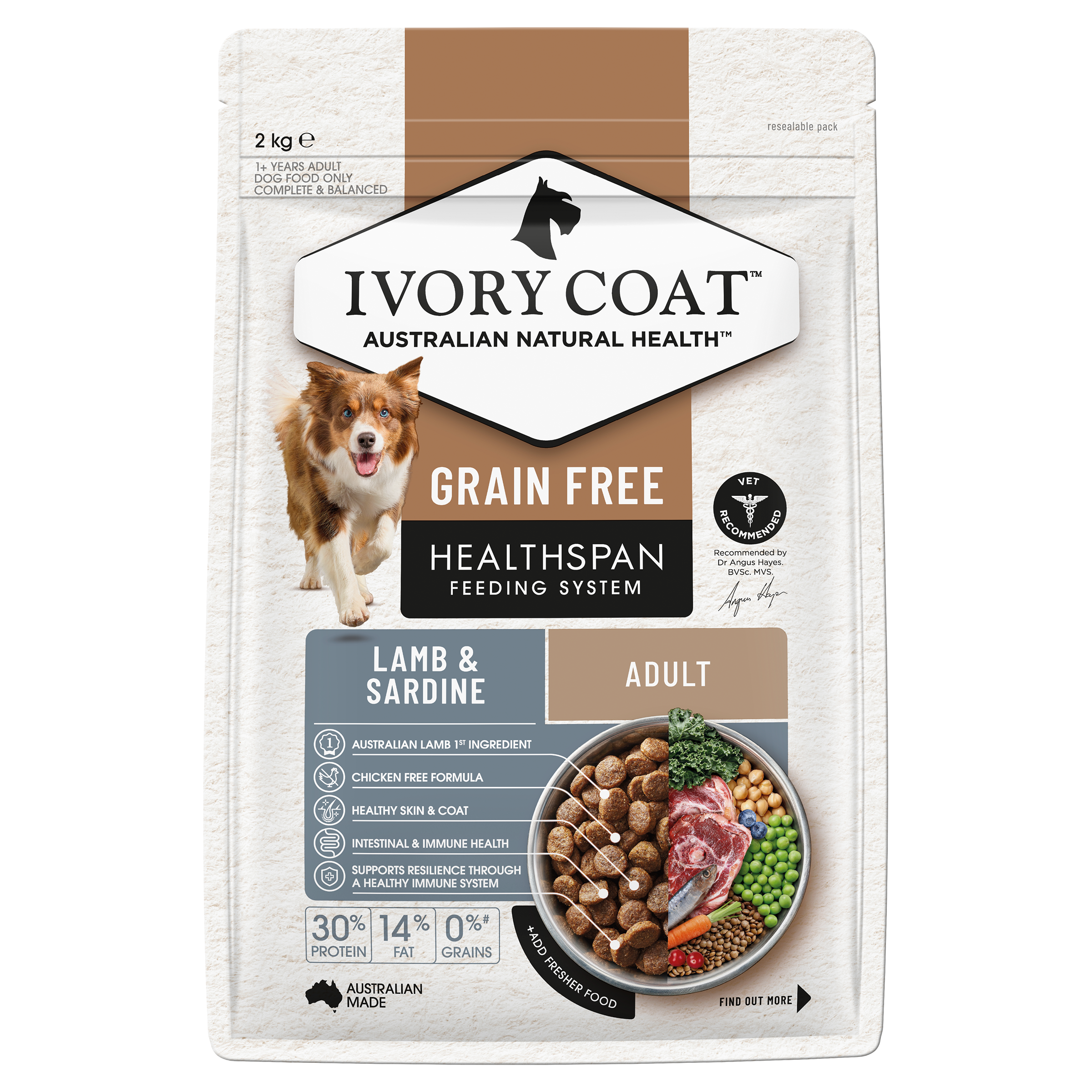 Ivory Coat Grain Free Adult All Breeds Dry Dog Food Lamb & Sardine front of pack