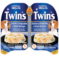 Inaba Twin Cups Chicken with Vegetables & Tuna for dogs, the joined pair of cups seen from above