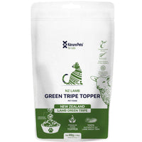 Korure Pets NZ Lamb Green Tripe Topper for cats, white and green pouch with a cat graphic.