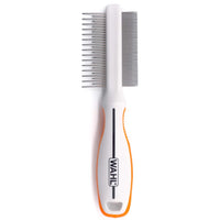 Wahl 2 in 1 finishing and flea comb in white and orange, upright, showing both pin rows