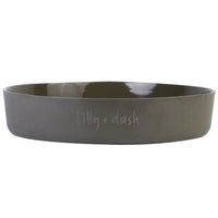 Lilly and Dash ceramic outdoor water bowl, a wide dark olive-grey bowl with an embossed logo
