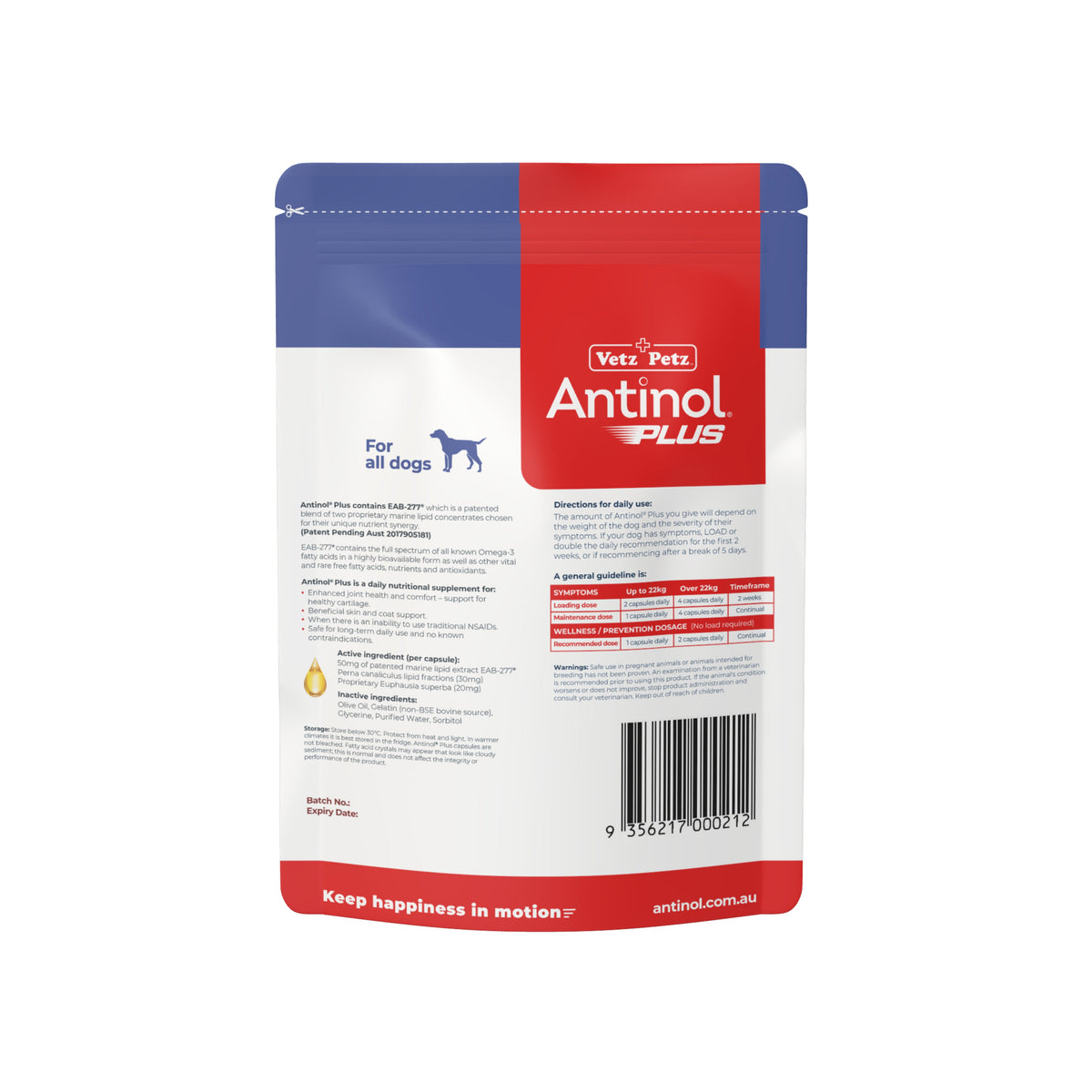 Antinol Plus for dogs 60 capsule pouch, back of pack showing the directions and ingredients panel
