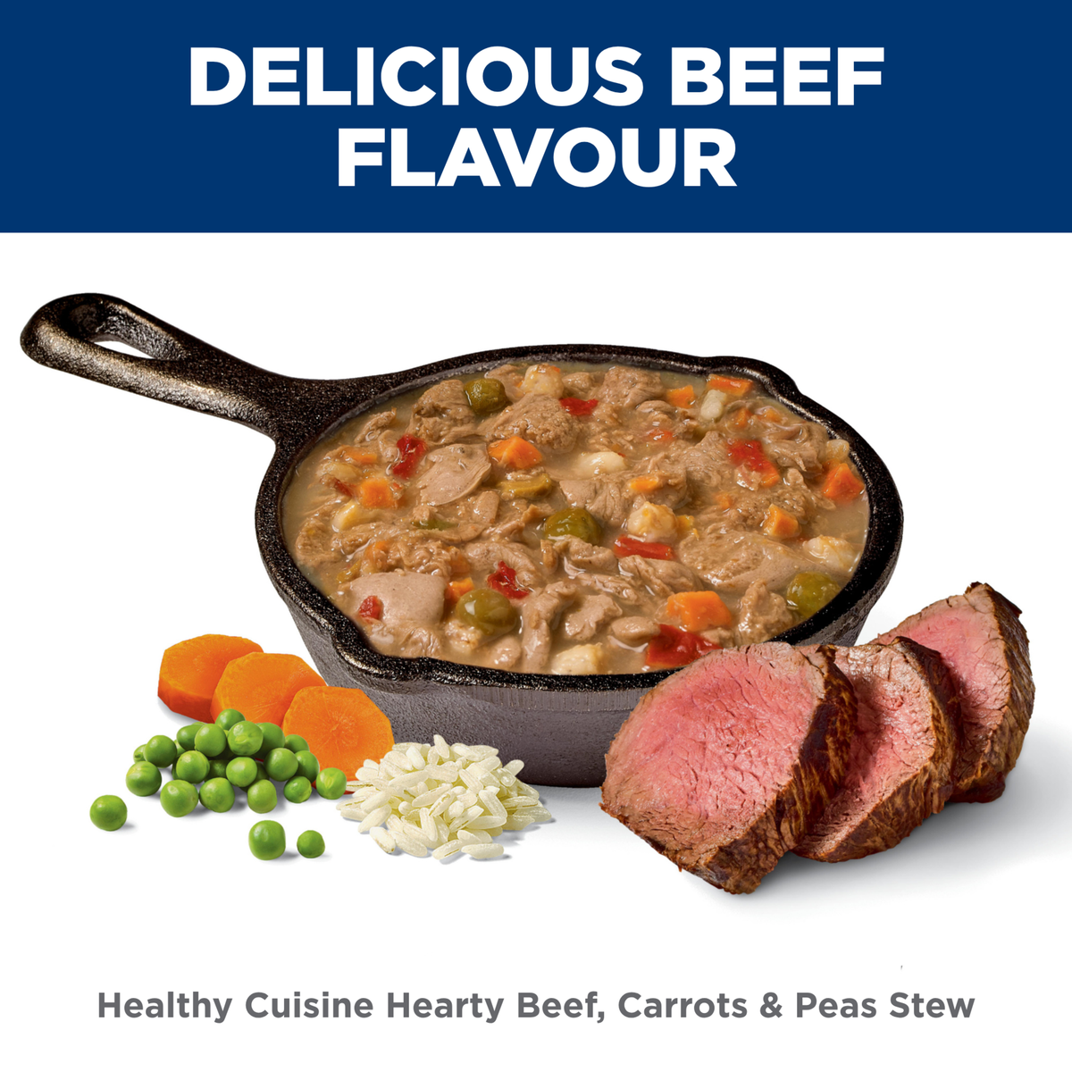 Delicious beef flavour: skillet of Hill's Healthy Cuisine hearty beef, carrots and peas stew