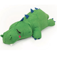 Zippy Paws Snooziez plush dog toy: a sleeping green alligator with blue spikes