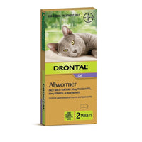 Drontal Allwormer carton for cats, two tablets, with a grey cat on the front