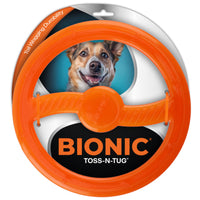 Bionic Toss-N-Tug, orange rubber ring dog toy on its blister card