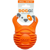 Orange kettlebell-shaped Doggi dog toy in its small Catch and Carry pack