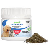 Vetnex Plaque Control dental powder in Salmon, white tub with a pile of the green powder beside it