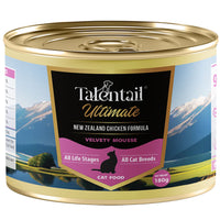 180g tin of Talentail Ultimate New Zealand Chicken Velvety Mousse cat food, front label
