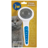 JW GripSoft slicker brush on its retail card, labelled Soft Slicker Brush, with a grey cat photo