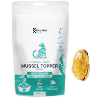 Korure Pets NZ Green Lipped Mussel Topper for cats, white and teal pouch with a dried mussel.