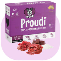 Proudi Kangaroo and Beef Raw Patties for Dogs, 2.4kg box of frozen raw dog food