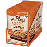 Row of twelve Wellness CORE Tiny Tasters Minced Chicken in Gravy cat food pouches
