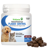 Vetnex Plaque Control Dental Chews in Beef Liver, white tub with the brown chews beside it