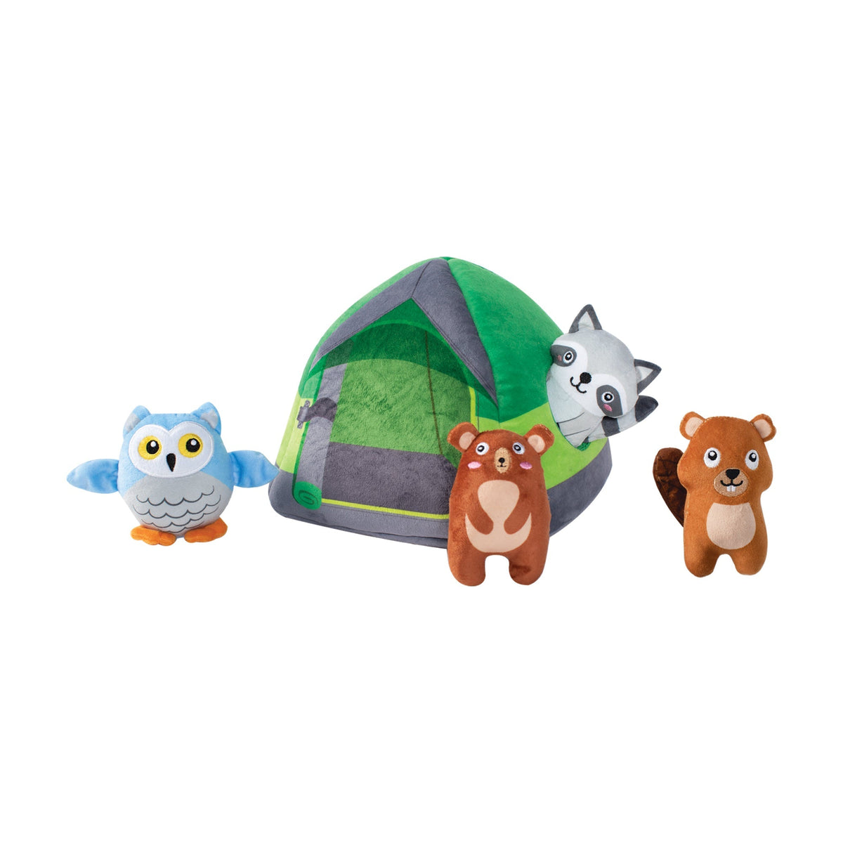 Fringe Studio Plush Burrow Interactive Dog Toy - Happy Campers — front view