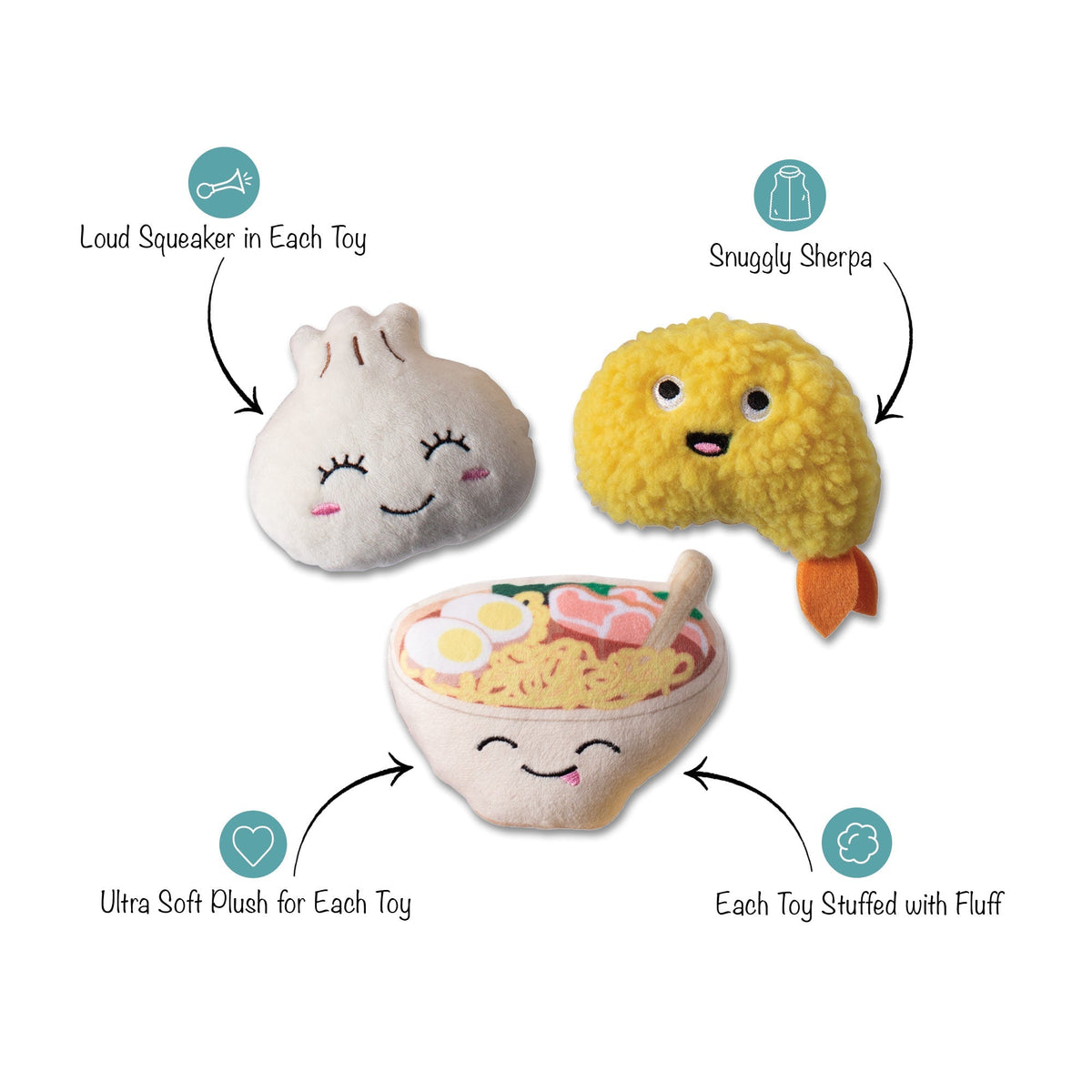 Fringe Studio Soy Into You plush dog toys – feature callout graphic