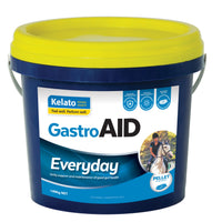 Kelato GastroAID Everyday pellets for horses in a 1.68kg navy tub with a yellow lid